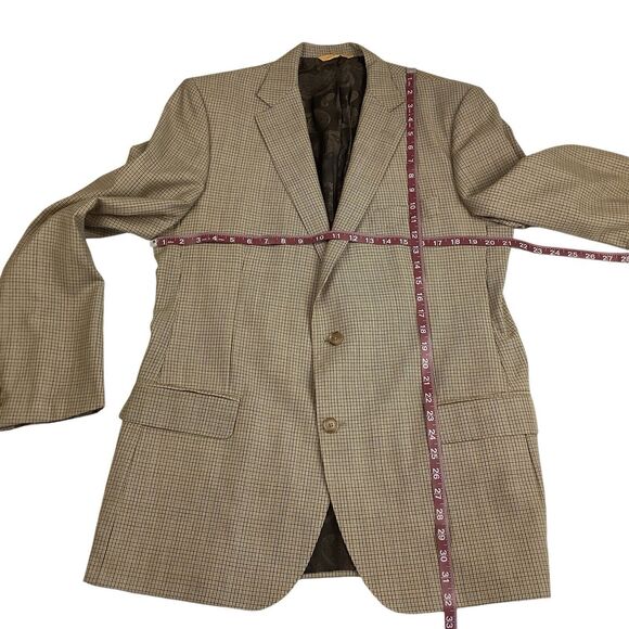 Robert Talbott Carmel Tan Blue Micro Plaid Blazer Jacket 42R Double Two Button - Picture 9 of 14